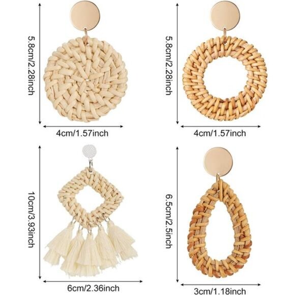 4 Pairs Rattan Earrings Lightweight Geometric Tassel Woven Bohemian Earrings - Picture 2 of 7